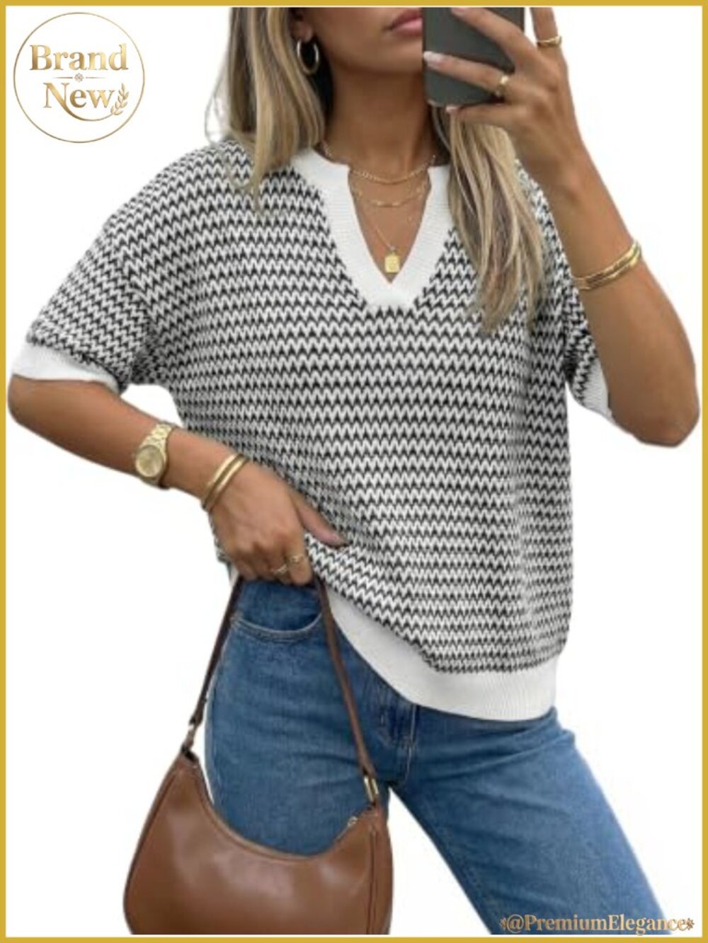 Women's Striped Short Sleeve Sweater Pullover V-Neck Cotton Knit Top